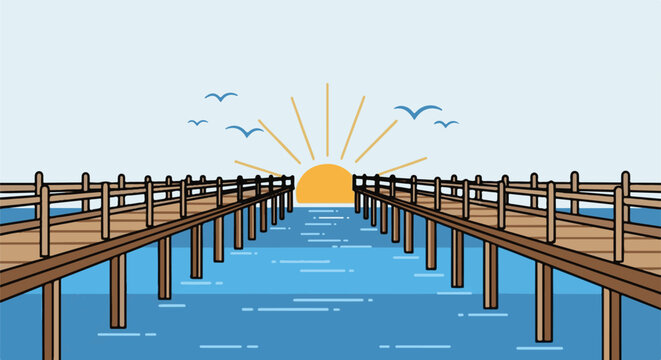 Two wooden piers jut into a tranquil sea under a clear sky at sunrise