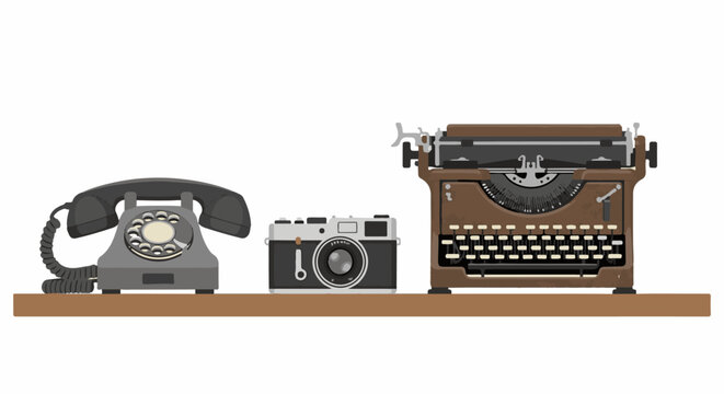 Vintage objects including a rotary phone, camera, and typewriter on a shelf