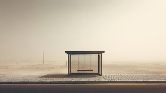 A solitary bus stop in a foggy landscape, evoking a sense of stillness and anticipation.