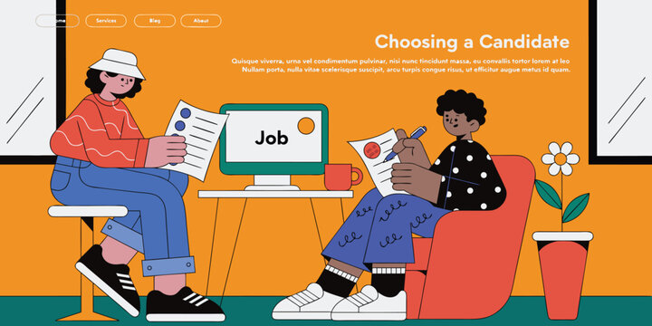 Professional choosing a candidate flat illustration for website header featuring recruitment process