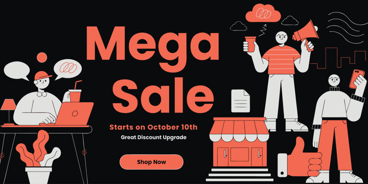Mega sale promotional banner featuring people with megaphone and laptop for online shopping event concept