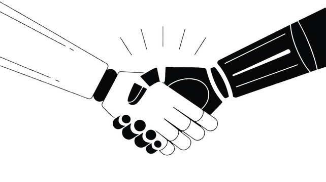 Human and robot handshake with mechanical details in black and white vector
