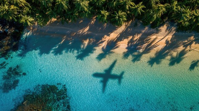 Aerial view of a tropical island coast with palm trees and airplane shadow