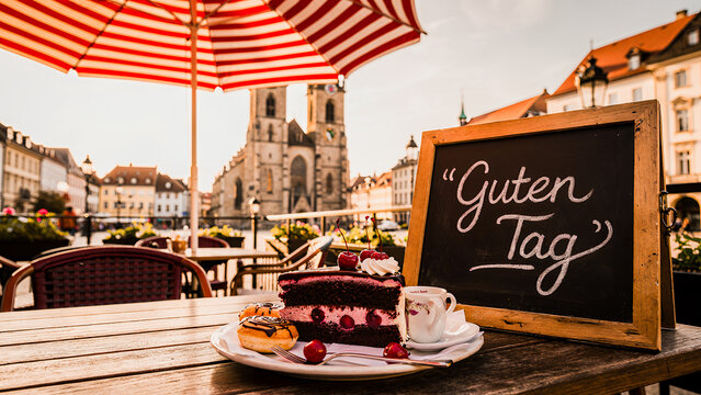 "Guten Tag" greetings featuring the German afternoon tradition of Kaffee und Kuchen (coffee and cake). The cafe terrace, with its red and white striped umbrellas.