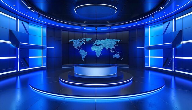 High‑tech news studio with illuminated world map, circular stage, blue LED lighting, geometric panels, and spotlights creating futuristic global broadcast environment.
