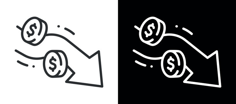 Black and white illustration of decreasing currency value with coins and arrow