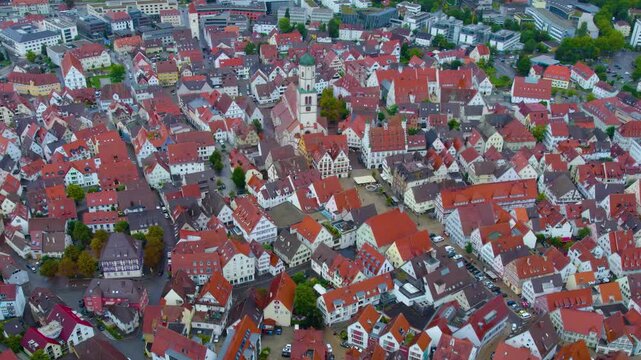 Aerial panorama view of the city Biberach in Germany, Baden-W&uuml;rttemberg on a cloudy afternoon in summer.