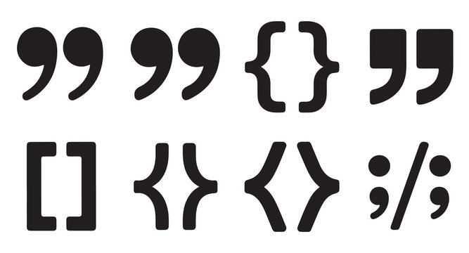 Punctuation marks set featuring quotation marks brackets and parentheses in black flat style.