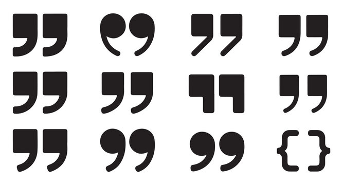 Various quotation mark styles for text design and editorial layout in simple black vectors.