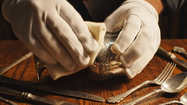 Person wearing white gloves carefully polishing a silver goblet and silverware on a wooden table for fine dining