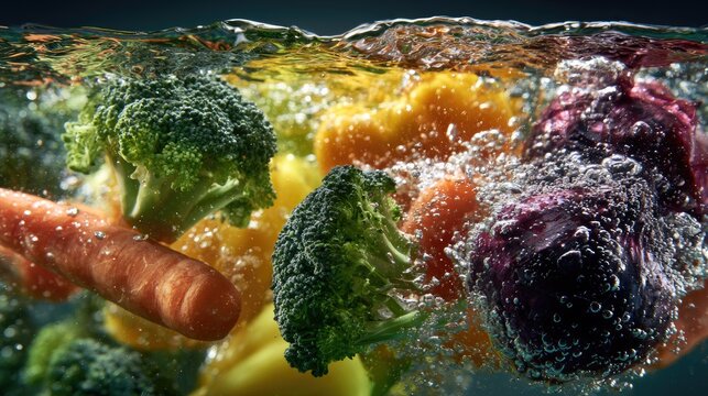 Fresh vegetables, colorful and vibrant, splash into clear water
