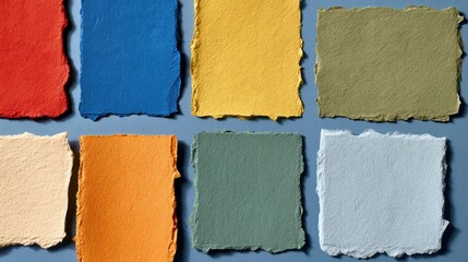 Fototapeta premium Eight textured paper swatches in varied earthy and vibrant colors arranged in two rows