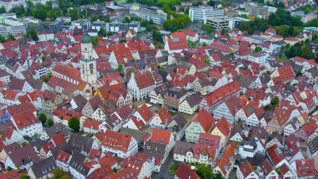 Aerial panorama view of the city Biberach in Germany, Baden-W&uuml;rttemberg on a cloudy afternoon in summer.
