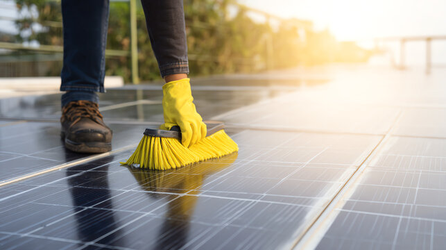 A technician cleans solar panels to ensure optimal energy production and efficiency in renewable energy systems.
