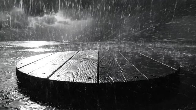 Black and white shot of a wooden spool in heavy rain with moody sky and water reflecting the drops