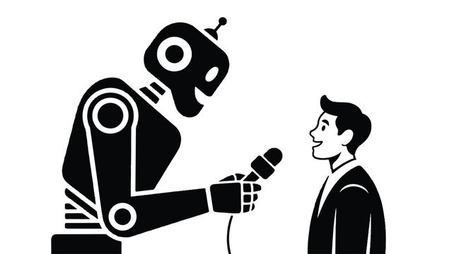 Robot interviewing a person with a microphone in a vector illustration, robotics