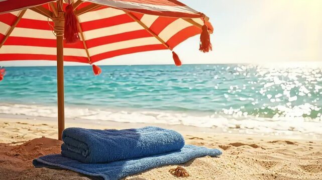 Red striped beach umbrella and blue towel on sand with a tiny crab. Sparkling turquoise ocean waves in the background under bright summer sun. Perfect for tropical travel concepts.