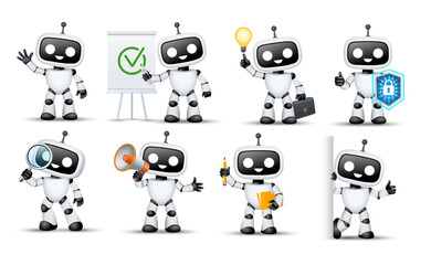 Fototapeta premium Vector set of ai robot character in different situations. Robot for illustration design on the theme ai.