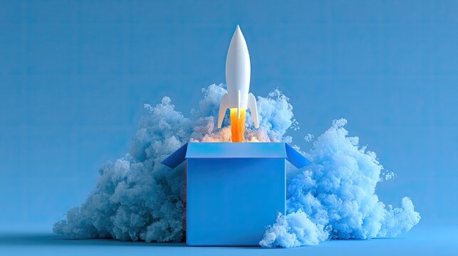 A white rocket blasts off from an open blue box surrounded by clouds