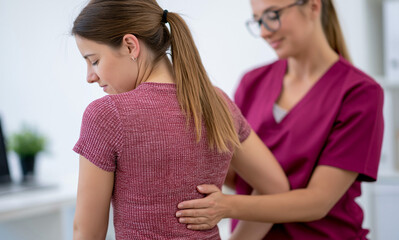 Naklejka premium Orthopedic doctor examining chronic back pain patient in clinic