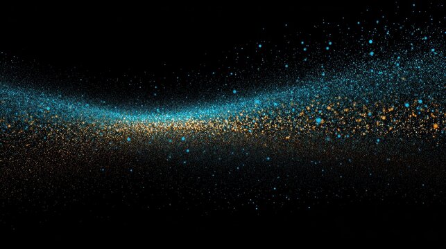 Glowing wave of teal and gold particles streams across a dark void background