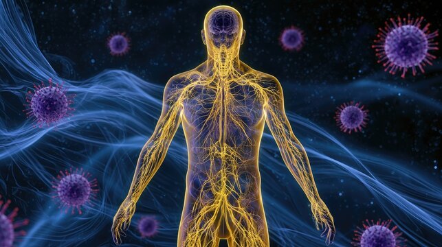 Human nervous system illuminated against encroaching virus-like particles