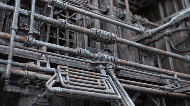 unsaid. Close-up of industrial furnace steel structure, intricate network of pipes and valves. safety posters, maintenance manuals, designed for industrial assembly lines and welding operations.
