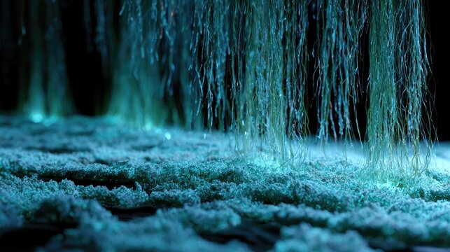 Bioluminescent strands cascade onto a textured, glowing surface