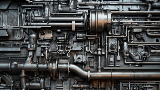 unsaid. Close-up of industrial furnace steel structure, intricate network of pipes and valves. safety posters, maintenance manuals, designed for industrial assembly lines and welding operations.