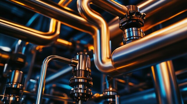 unsaid. Close-up of industrial furnace steel structure, intricate network of pipes and valves. safety posters, maintenance manuals, designed for industrial assembly lines and welding operations.