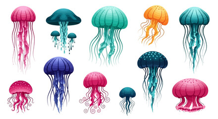 colorful jellyfish illustrations, ocean creatures, marine life, decorative set © Adam