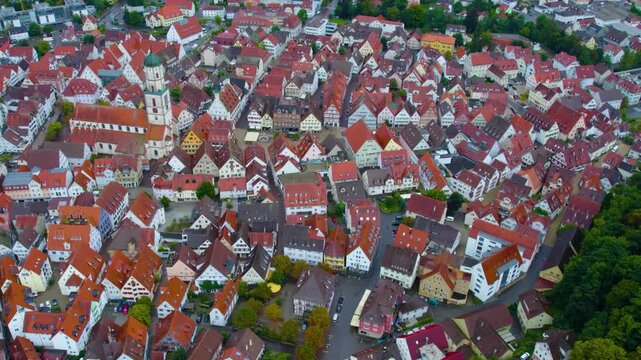 Aerial panorama view of the city Biberach in Germany, Baden-W&uuml;rttemberg on a cloudy afternoon in summer.