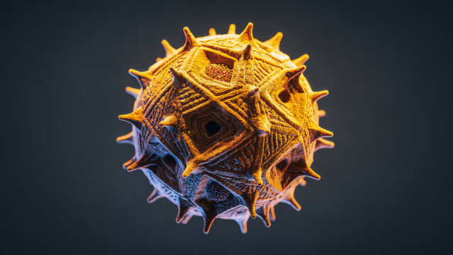 Scanning electron microscope view of a single pollen grain from a tropical flower, the pollen surface reveals an intricately sculpted landscape of geometric holes.