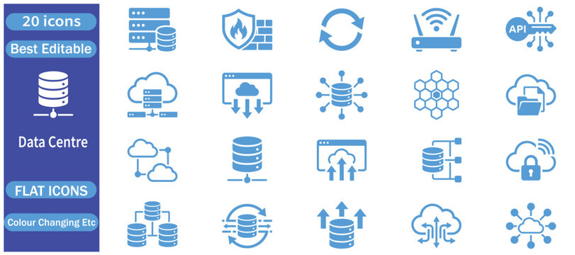 Data center and cloud technology icons featuring servers networking security storage connectivity and infrastructure management