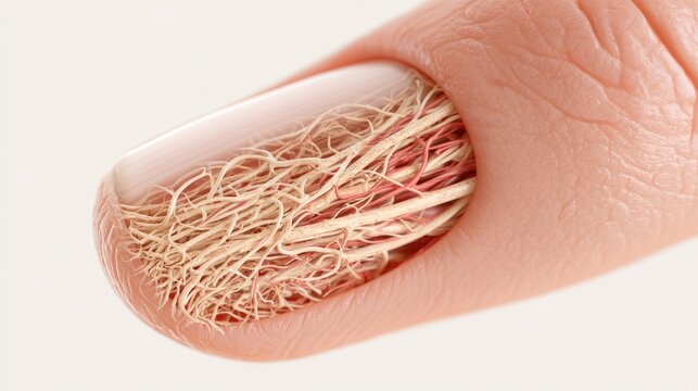 Close-up of fingernail cutaway revealing intricate network of tissues, nerves and vessels