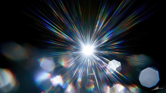 A bright, starburst-like light flares with colorful refractions against a black background