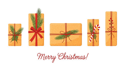 Christmas gifts wrapped in brown paper with ribbons and pine needles, holiday greeting card © Adam