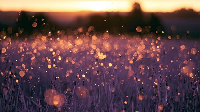 Golden dust motes dance in soft purple light over a field at sunset