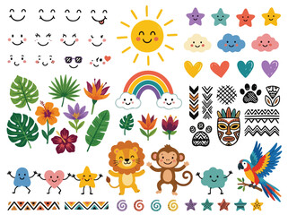 Kawaii jungle animal vector set, cute tropical safari clip art collection, colorful summer icons with lion monkey and parrot for kids © s graphics 