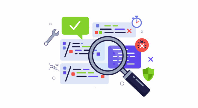 Digital code analysis with magnifying glass, bug, and checkmark