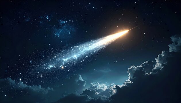 A Luminous Comet Streaks Across a Starry Night Sky Above Clouds