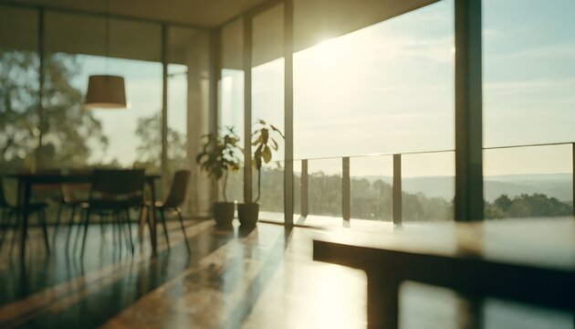 Sunlit dining room with expansive view of rolling hills