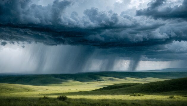 Stormy sky over rolling green hills with rain shafts