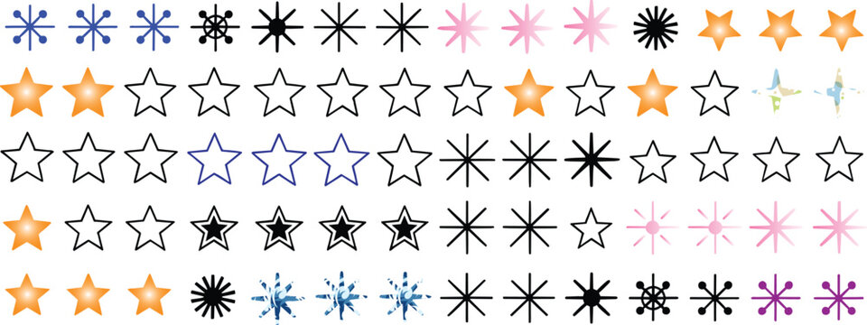 Collection of various star and asterisk shaped graphic elements in different colors and styles