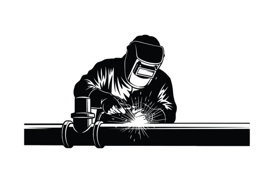 Pipe Welder Silhouette Working on Industrial Pipeline Vector