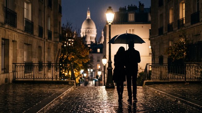 Couple silhouetted under umbrella on rainy Parisian street at night