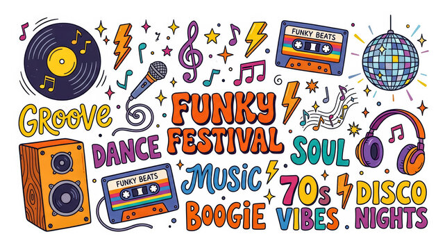 Colorful retro 1970s disco music party doodle set. Hand-drawn vector illustration featuring vintage cassettes, vinyl, disco ball, and funky typography.