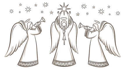Three angels blowing trumpets, Christmas illustration, holiday concept, festive background © Adam