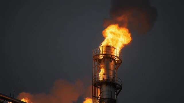 Large oil refinery burning gas flare at industrial plant during dusk