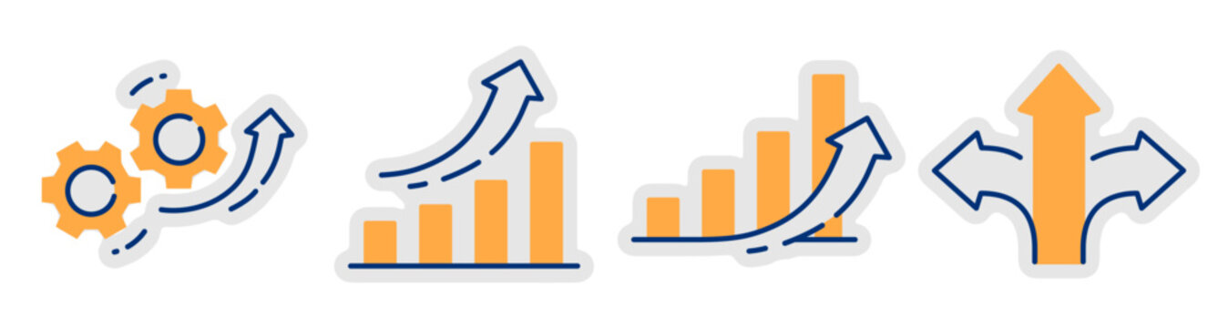 Growth and process icons showing gears charts and directional arrows. Editable stroke